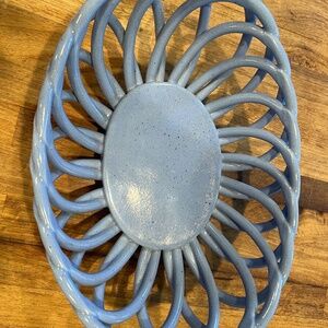 Woven Ceramic Periwinkle Blue Bread Basket on Pedestal with makers stamp